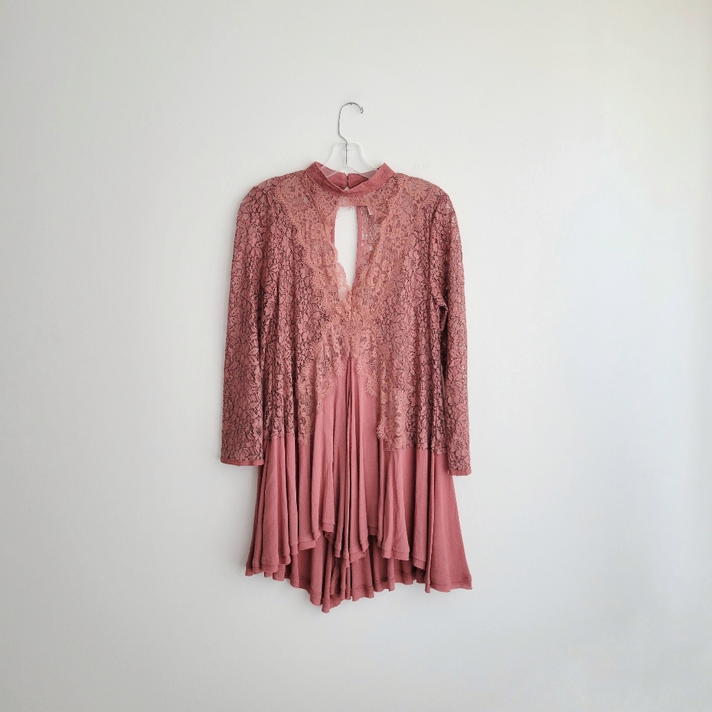 FREE PEOPLE Mauve Tell Tale Elegant Pink Lace Tunic Top Dress